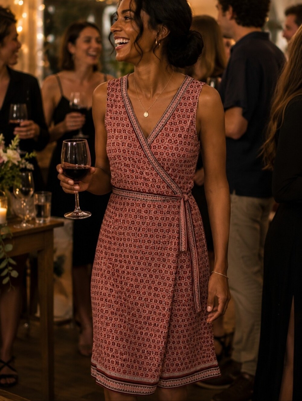 Max Studio Boho Faux Wrap Summer Dress S Pink Geo Print Midi Romantic